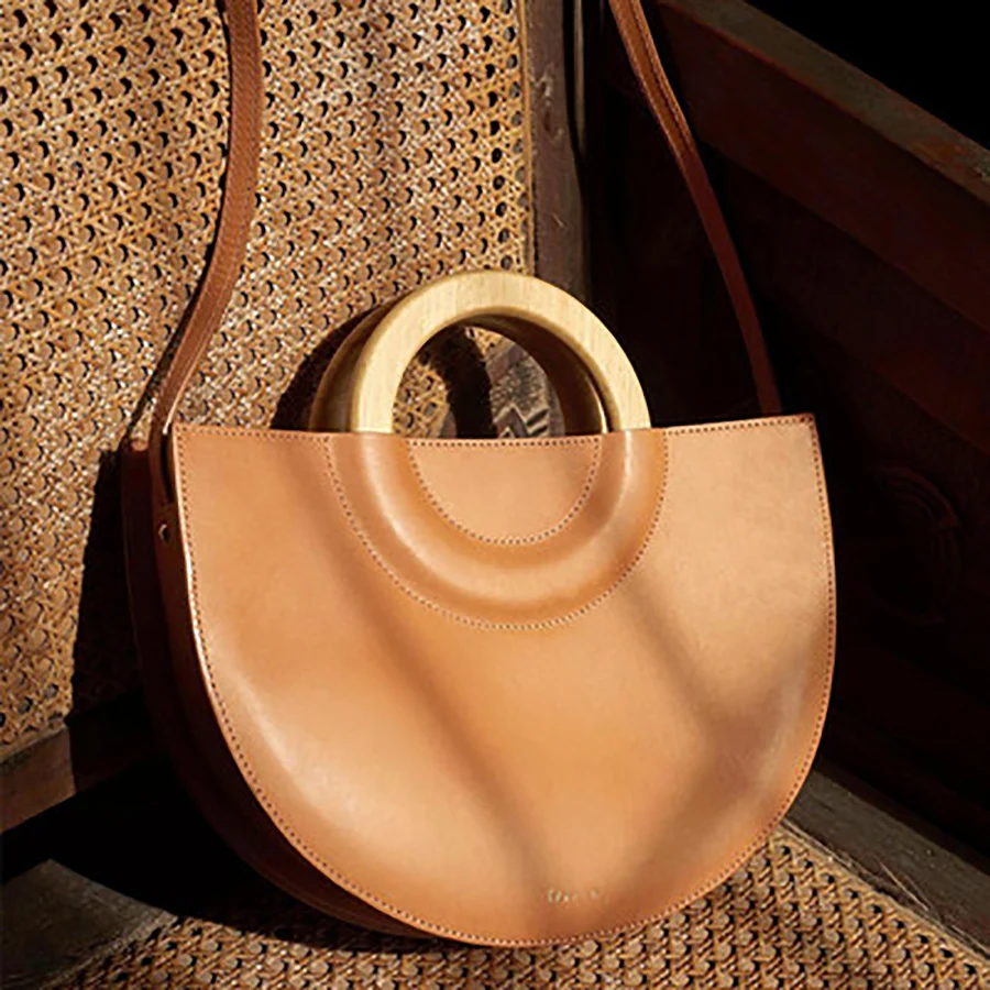 

Wooden Handle Halfmoon Handbag Casual Designer Shoulder Bag For Women Large Capacity Solid Color Messenger Bag Beach bags