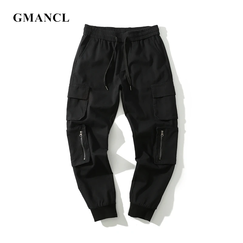 

Fashion Elastic waist Drawstring hip hop casual Joggers jeans Zipper multi-pocket black Sweatpants Men streetwear Trousers