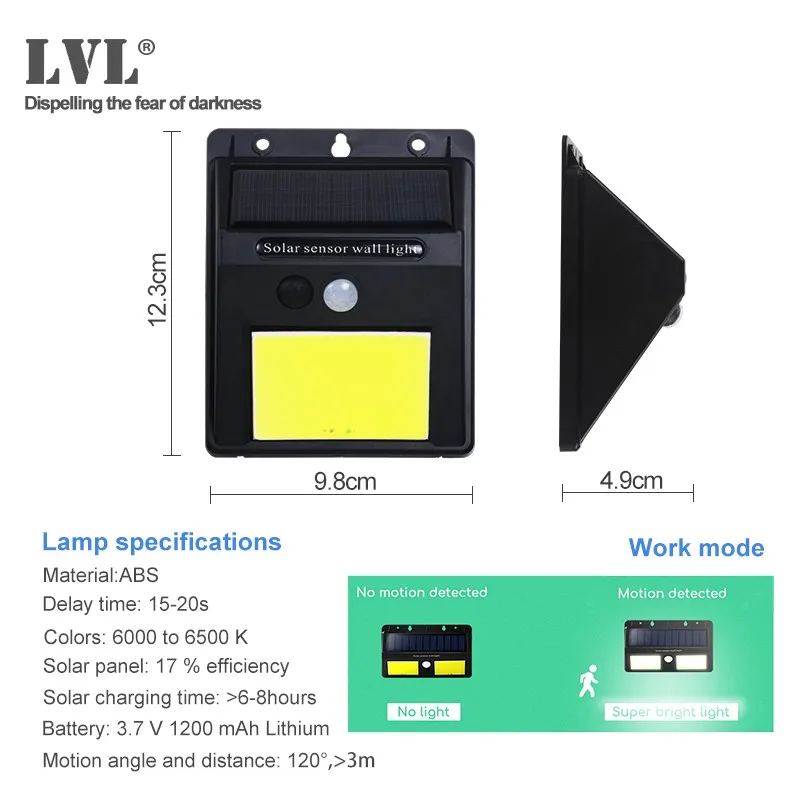Светодиодный солнечный светильник для сада IP65 Водонепроницаемый открытый Солнечный свет стены Широкий формат солнечная движения Сенсор для двор лампа уличного освещения на солнечной энергии - Испускаемый цвет: COB-48LEDs