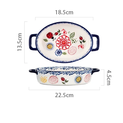 Household Tableware Clay Baking Oven Plate Rectangular Binaural Ceramic Tray Retro Nordic Style Tray