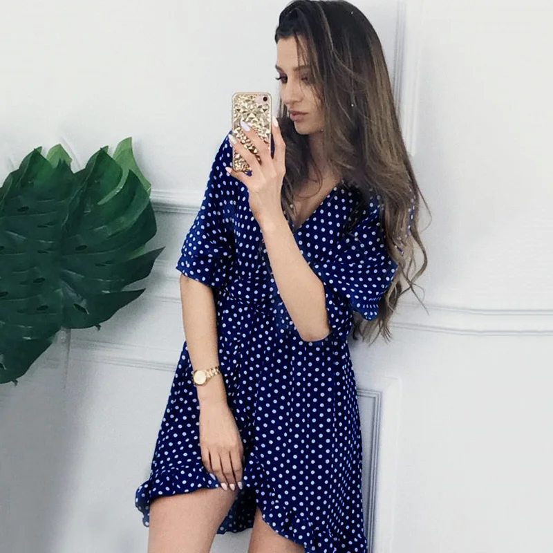 

Women's A Line Ruffles Half Sleeves Dresses V Neck Knee Length Print Polka Dot Sexy Casual Ladies Dress 2018 New Female Clothing
