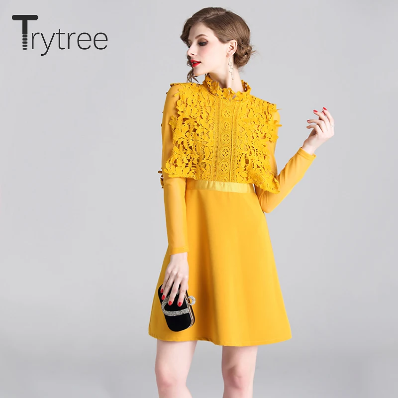Женское Повседневное платье Trytree однотонное желтое трапеция выше колена из