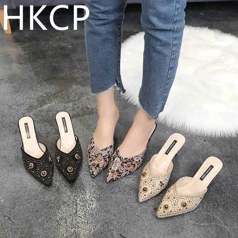 

HKCP Fashion New 2019 spring/summer all-in-one pumps with pointed stiletto heels, rivets and flip-flops C131