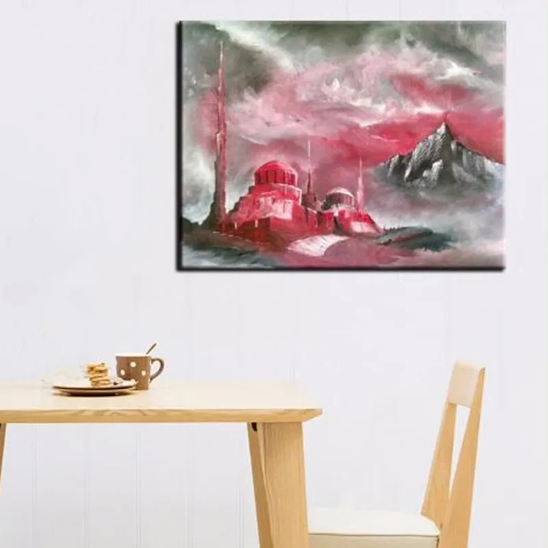 

Modern Home Decor Wall Art Pictures Hand Painted Abstract Landscape Oil Paintings Large Pink Castle Scenery Canvas Painting Gift
