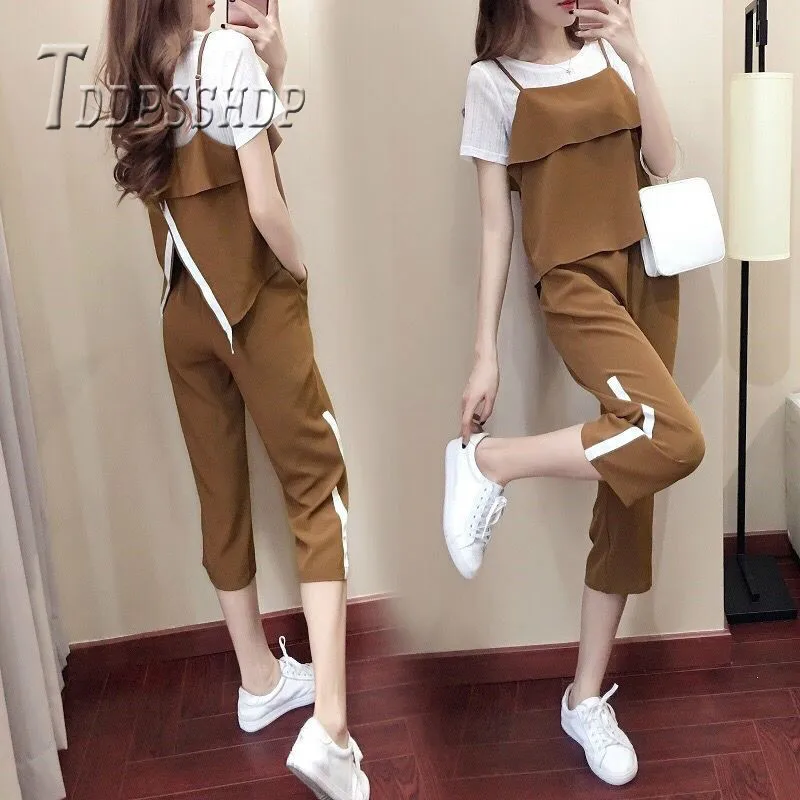 

2019 Summer Three-piece Women Sets T Shirt Camisole Pants Female Sets
