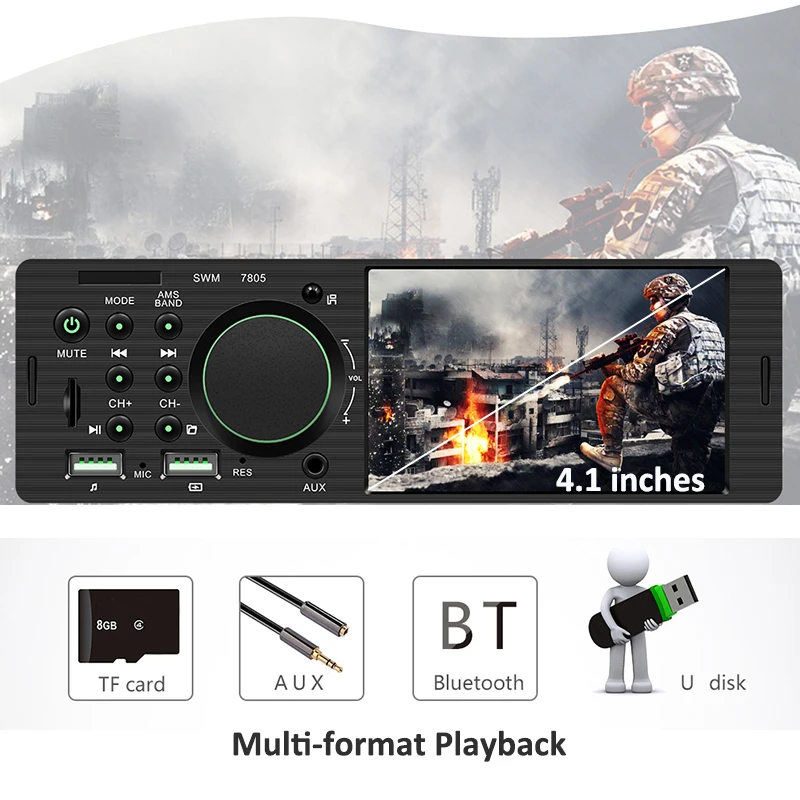 Pantalla táctil Radio para automóvil 1 Din 4,1 pulgadas Reproductor de audio y video MP5 TF USB Carga rápida ISO Remoto Unidad de iluminación multicolor multicolor 7805T