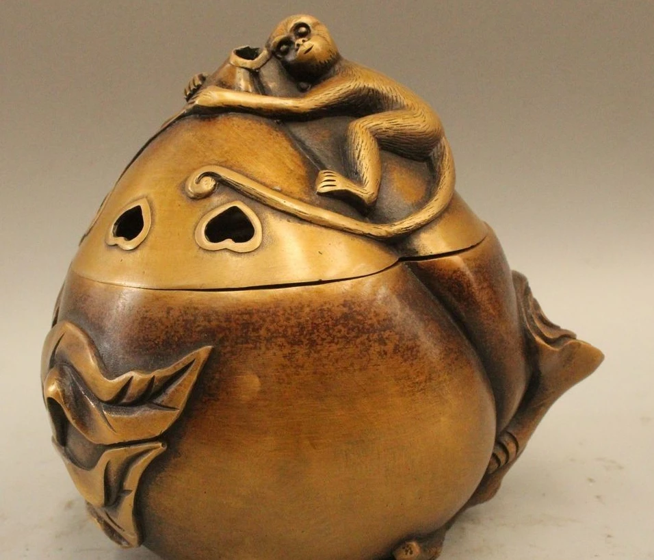 

7"Marked Chinese Dynasty Copper Longevity Peach monkey Incense Burner Censer