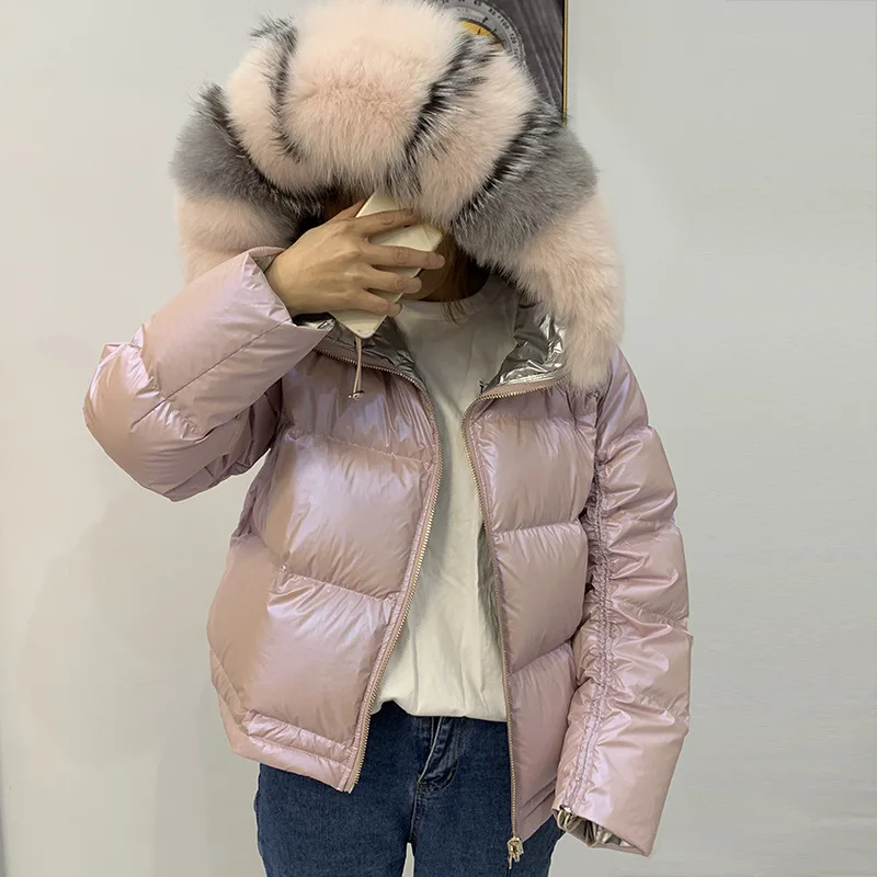 

Large Real Natural Fox Fur Winter Jacket New Double Sided Waterproof Coat Women Down Parkas Coats Hooded White Duck Down Jacket