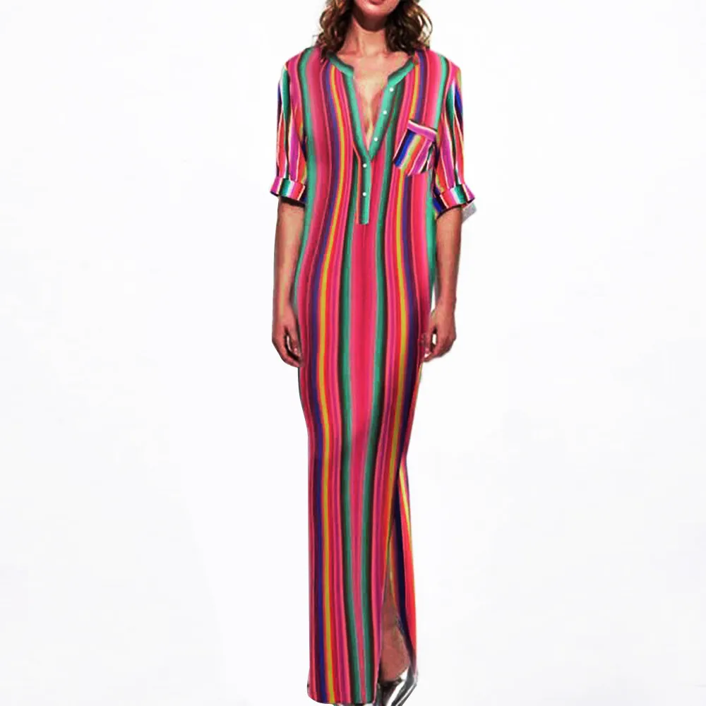 

Multicolor Striped Printed Dresses For Women Fashion V-Neck Half Sleeve Maxi Long Boho Dress Beach Lady Casual Party Dress #Ni