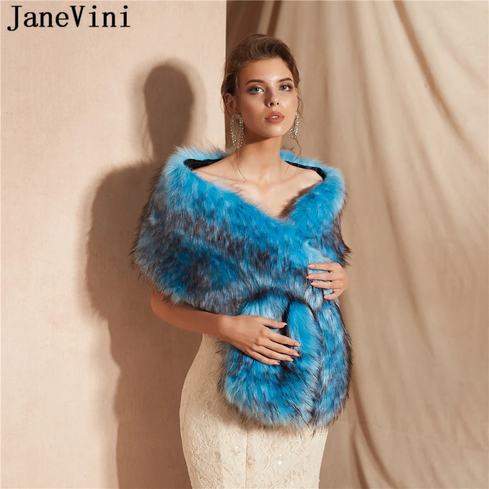 

JaneVini Elegant Warm Faux Fur Blue Shawls Women Winter Cape Cloak Soft Fur Bridal Bolero Prom Party Wraps Wedding Accessories