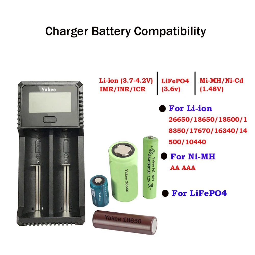 Yakee 2 слота ЖК-дисплей USB зарядное устройство для аккумуляторов 3,7 в 1,48 в Li-Ion NiCd NiMh AAA LiFePO4 18650 26650 14500