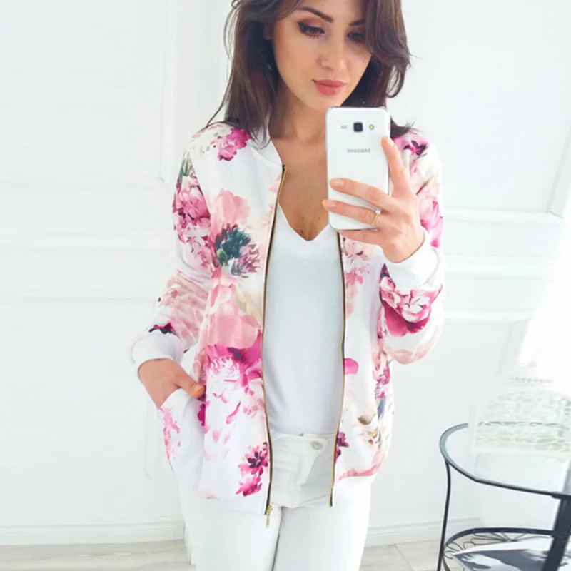 Floral Print Women Bomber Jackets With Pockets Long Sleeve Zipper Womon Coats 2019 Autumn Fashion Feminine Baseball Female Tops