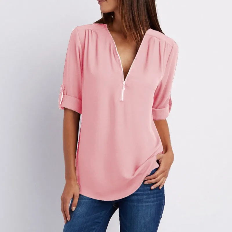 hot-sale-2018-Women-Chiffon-Blouse-Blusas-Tops-Large-Size-Roll-Up-Sleeve-SEXY-v-neck (4)