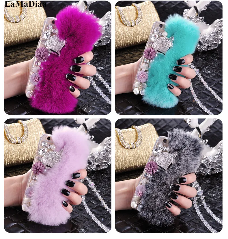 

Bling Crystal Fluffy Rabbit Fur Case Winter Bling Diamond Soft Phone Case For Samsung S7 edge S8 S9 S10 Plus Note 9 8 10 Capa
