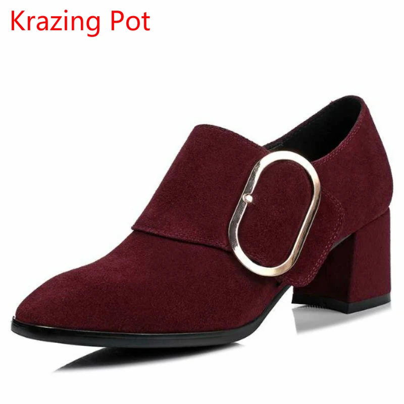 

2018 Fashion Spring Autumn Cow Suede Black Slip on Office Lady Thick High Heels Runway Handmade Concise Elegant Women Pumps L63