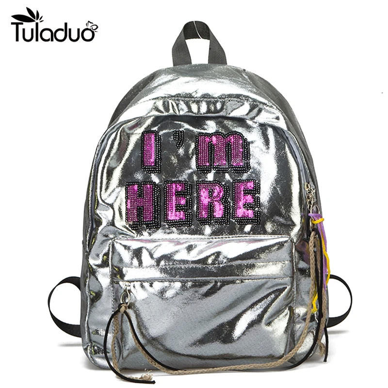

New Arrival Cute Girl Bags For Women PU Leather School For Teenagers Kids holographic silver Fashion Casual hologram Student Bag