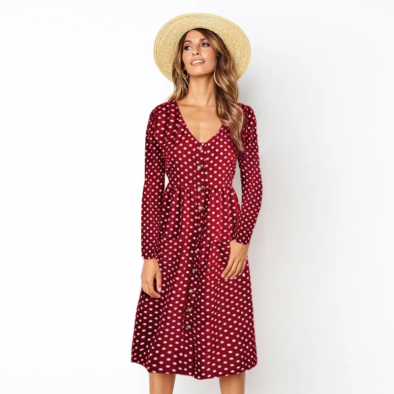 Qunndy Sexy Polka Dots A Line Dress Women 2018 Autumn Polyester V Neck Knee Length Buttons Pockets Midi Dresses Beach Vestidos (12)