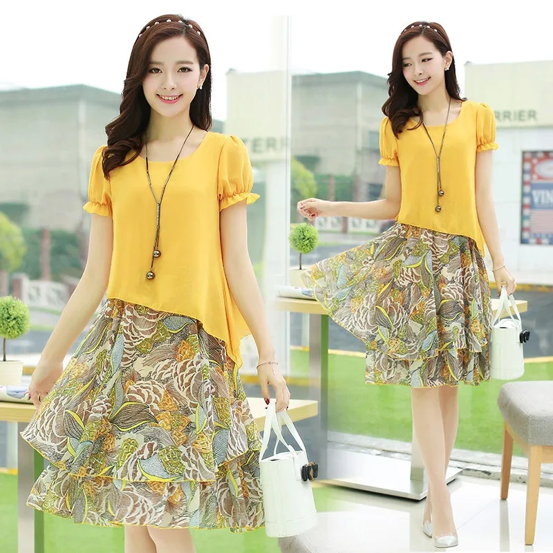 

M-5XL 2019 Women Chiffon Flowers Print Dresses Summer Large size Fake Two Pieces Midi Dress Casual Beach Female Dress Clothing