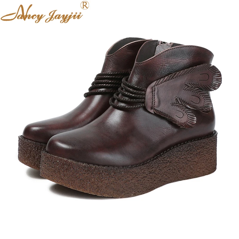 2019 Genuine Leather Cow Winter Women Boots Ankle Patent Leather Round Toe Zippers Platform 