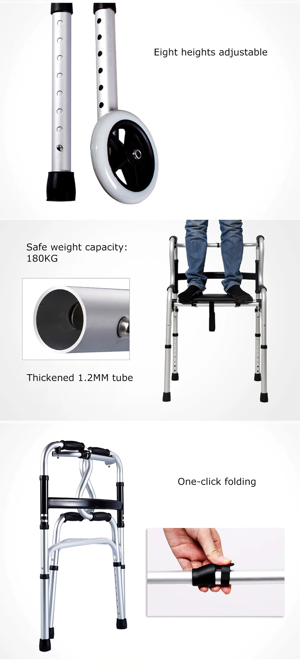 Adjustable aluminum alloy walkers for elderly high quality walking aids with PU seat board