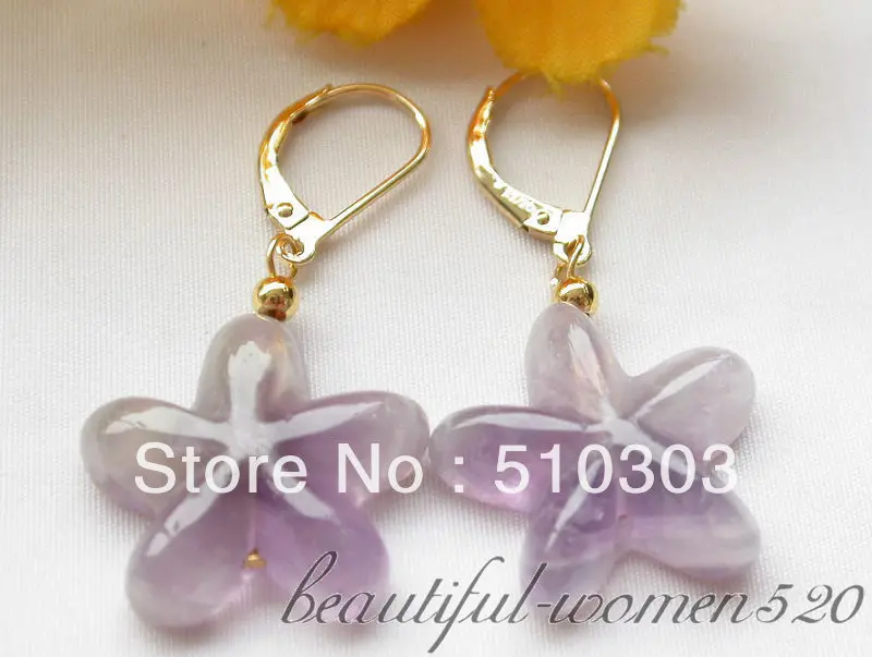 Hand-carved 20 mm star Light color purple crystal dangle Earrings