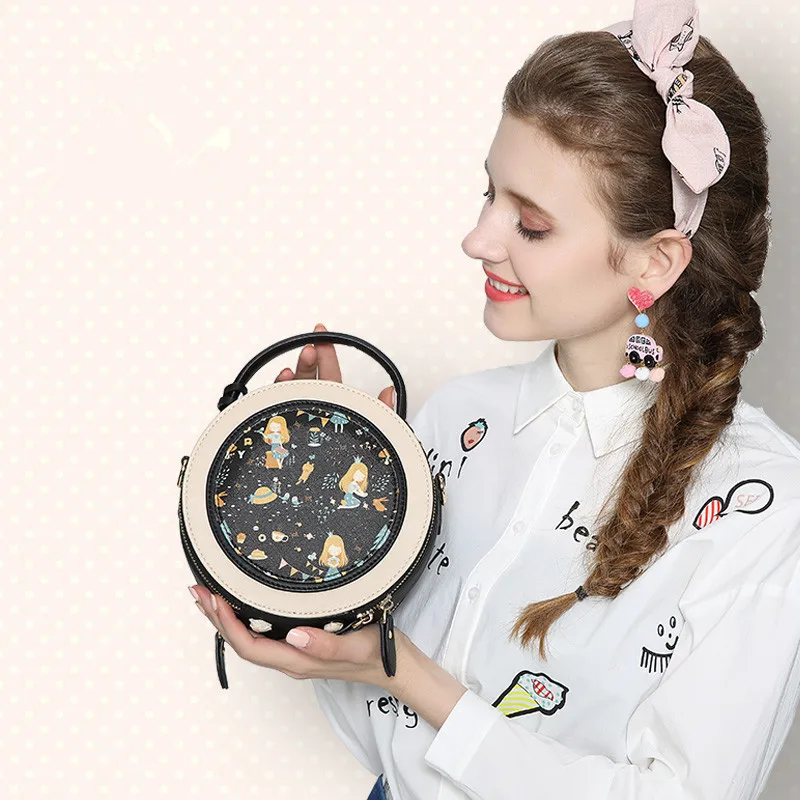 Новая женская сумка с мультяшным рисунком, популярная женская сумка через плечо из искусственной кожи, маленькая круглая черная сумка-мессенджер