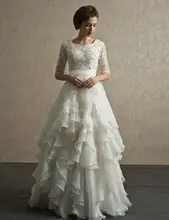 Charming Tiered A-line Wedding Dress Half Sleeve Scoop Floor Length Vestido De Noiva Applique With Beading NM 462
