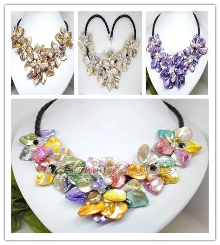 

FREE SHIPPING>>>@@ 8 colorsHand Woven Yellow Shell 5 Flowers Pearl Crystal Black Leather Bib Necklace 18