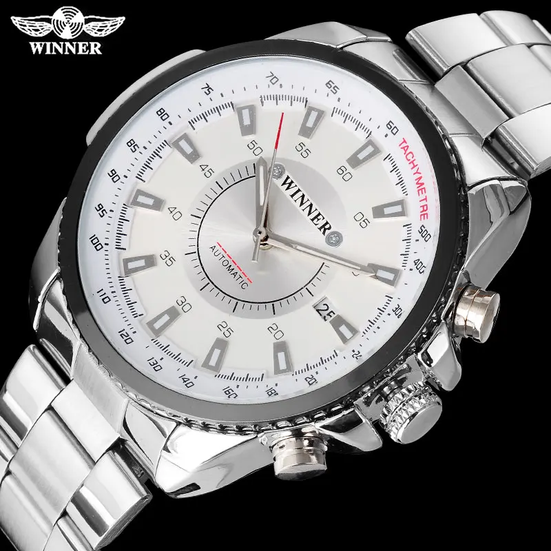 

WINNER fashion casual men machanical watches luxury automatic watches stainless steel band auto date white dials reloj hombre