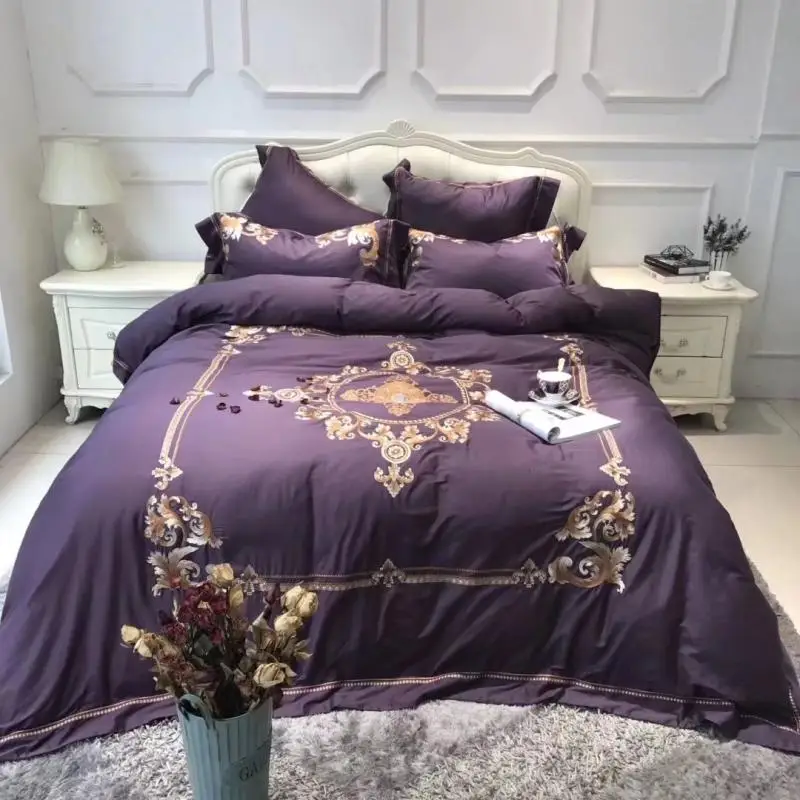 

Luxury 100% Egyptian Cotton purple Royal Bedding set Embroidered Queen King Size Duvet Cover Bed linen set Pillowcase