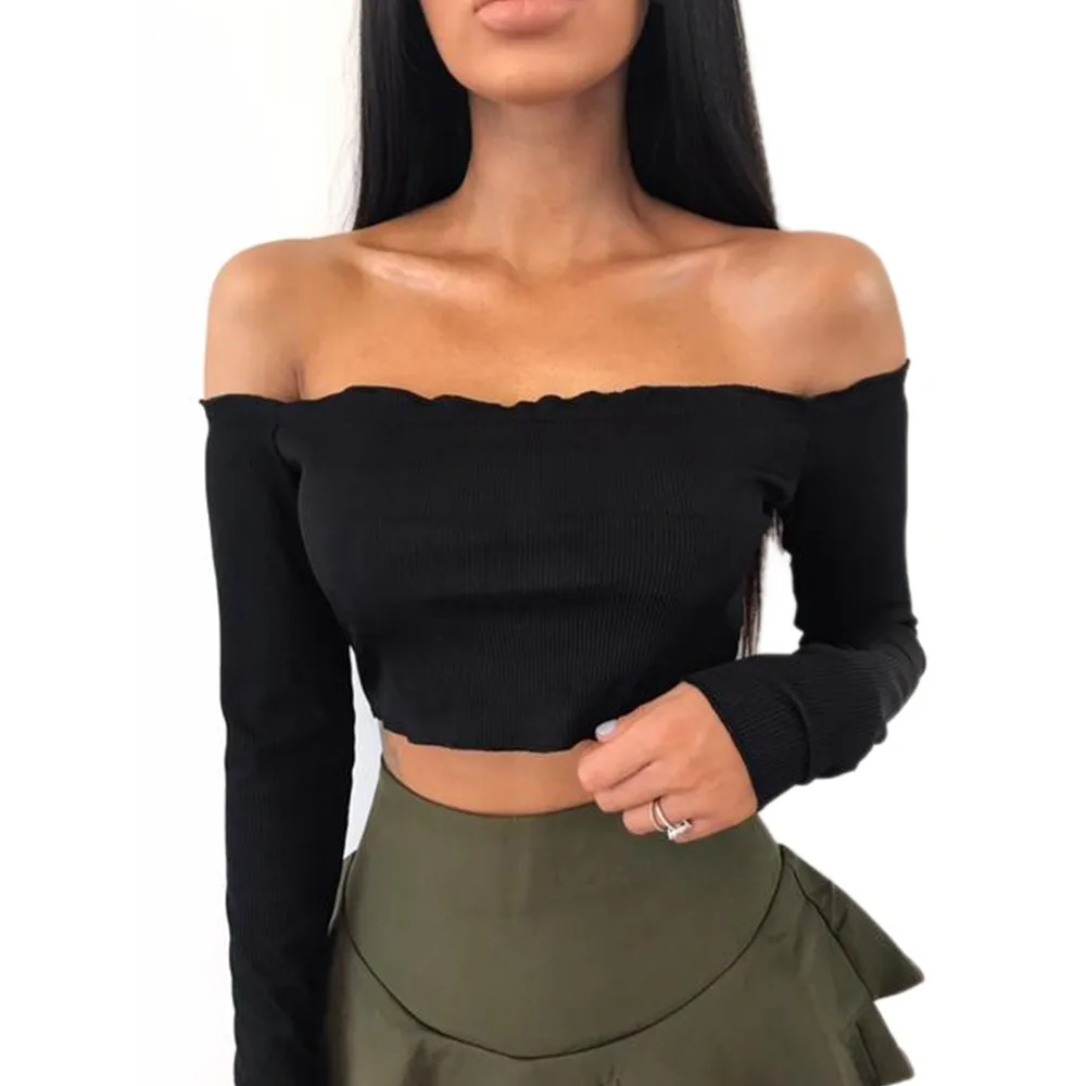 

Women Sexy Off Shoulder Knitted Crop Tops ladies simple fashion black women summer crop top @7