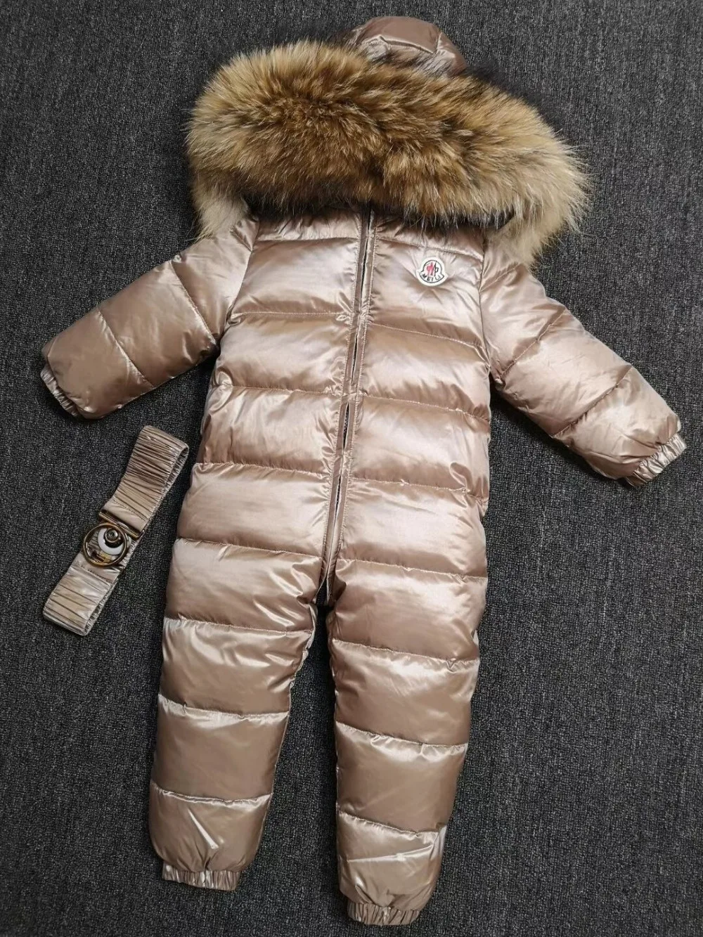 

2018 windproof and waterproof baby boy silver metallic romper infant Jumpsuit large raccoon Fur Hooded Kid Toddler Outerwear