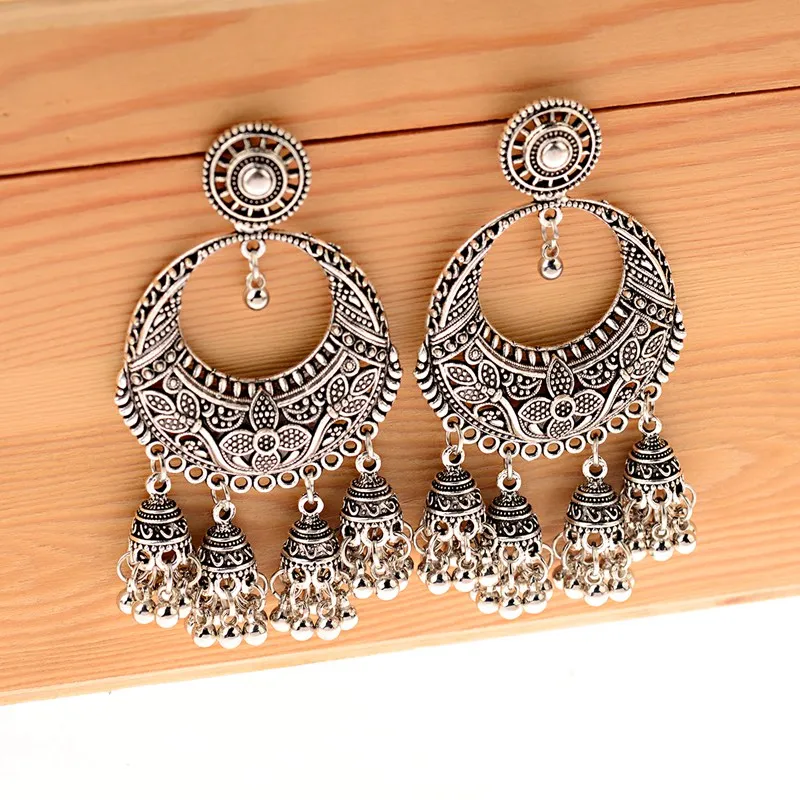 Этнические женские серебряные круглые Цветочные полые серьги-гвоздики Jhumka Boho индийские ювелирные изделия египетские резные серьги с кисточкой Femme