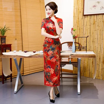 

Print Flower Elegant Lady Qipao Large Size 3XL 4XL Chinese Style Vintage Female Cheongsam Long Evening Party Dresses Vestidso