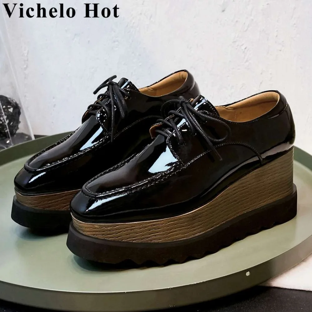 

Vichelo Hot superstars plus size cow patent leather wedges high bottom punk model style square toe clubwear runway pumps L21