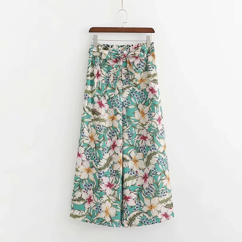 

Vintage Printing Sashes Women Calf-Length Pants Leisure Female Loose Wide Leg Pants 2019 Summer Comfortable Trousers P1257