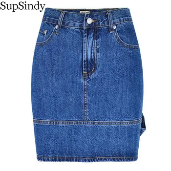 

SupSindy summer women Denim Skirt high waist wild denim Pencil skirts cotton fashion irregular Female casual Jean Mini Skirts
