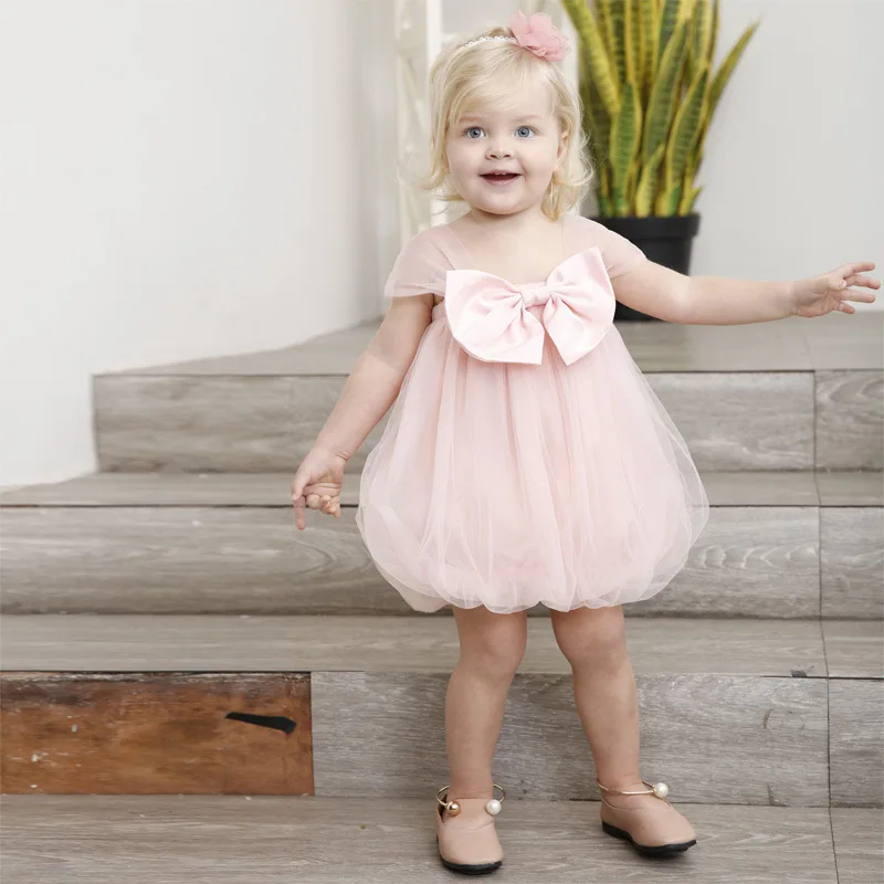 Girls Pink Princess Dress Baby Girl Summer Bow A-Line Dresses Sweet Kids Solid Lace Elegant Wedding Vestido Children Clothing (2)