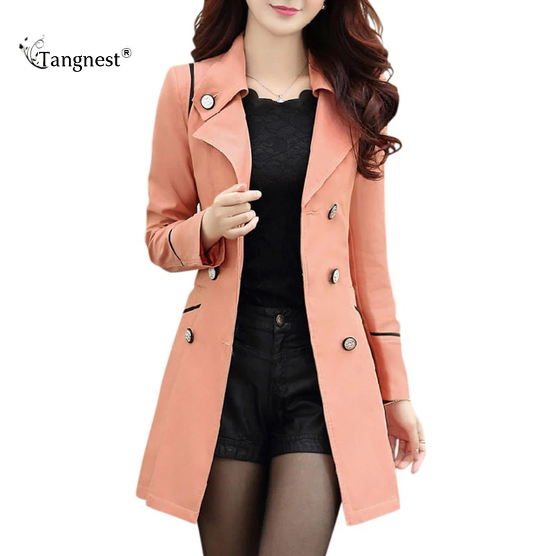 TANGNEST Slim Fit Женщины Тренч 2016 Новый Плюс Размер M-2XL Пальто Элегантный Двубортный