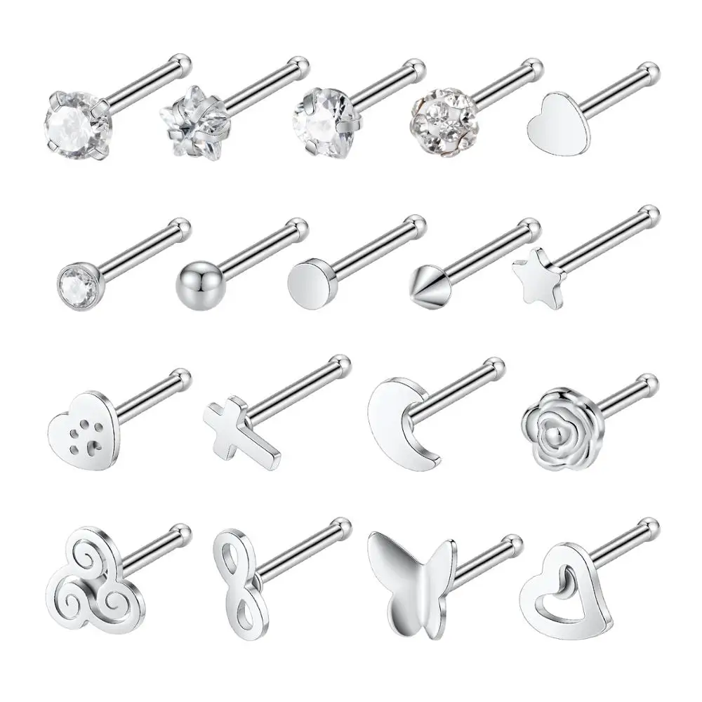 20G YELLOW GOLD SURGICAL STEEL CLEAR UNISEX NOSE RING STUD BENT PIN TWIST SCREW