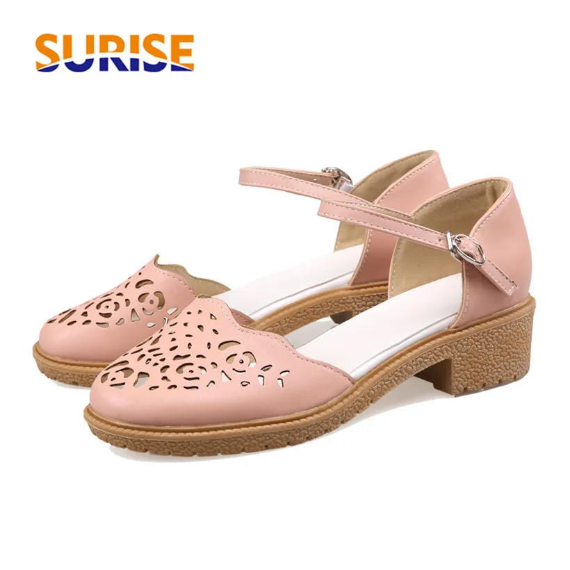 

Summer Women Sandals 4cm Medium Block Square Heels Platform Round Toe Cutout Fretwork Casual Ankle Strap Cool Hollow Lady Shoes