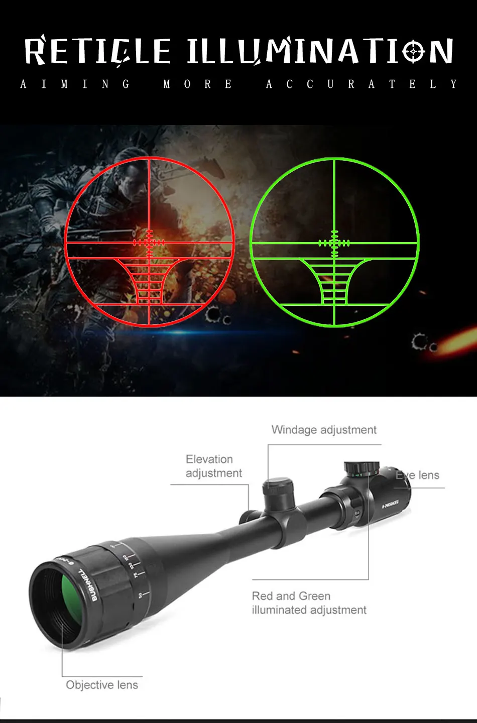 6-24x50AOE scope Оптика прицел охота Scopes Регулируемый Красный Зеленый освещенный точечный элемент Crosshair Sight Reticle Scope