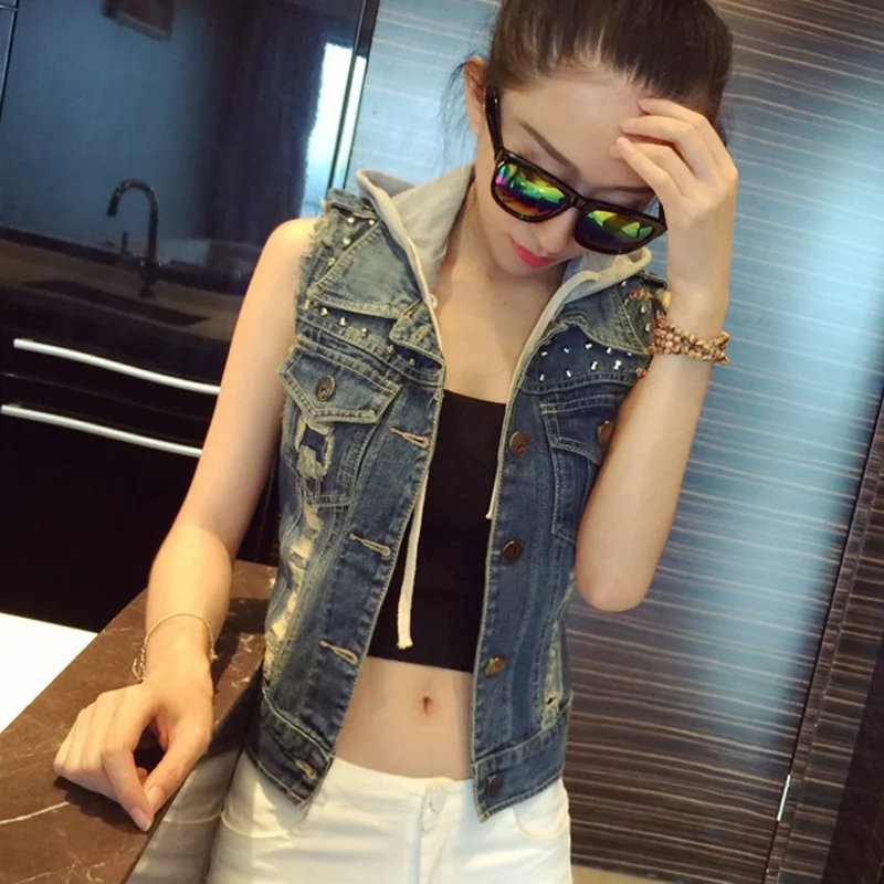 Fashion Hoodied Rivet Denim Vest Woman Fashion Cool Hole Denim