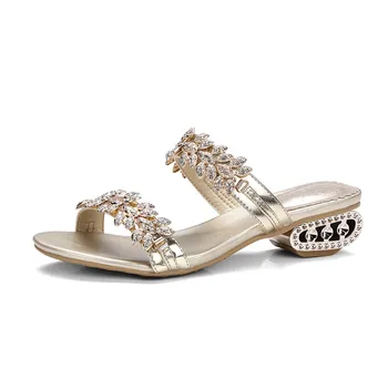 

25-62 Plus Size Women Slippers High Quality Summer Slippers Female Crystal Low Heel