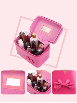 

1PC PU Leanther Korean Bow Tie Cosmetic Storage Box Make-up Case with Mirror Portable Travel Organizer Container OK 0561