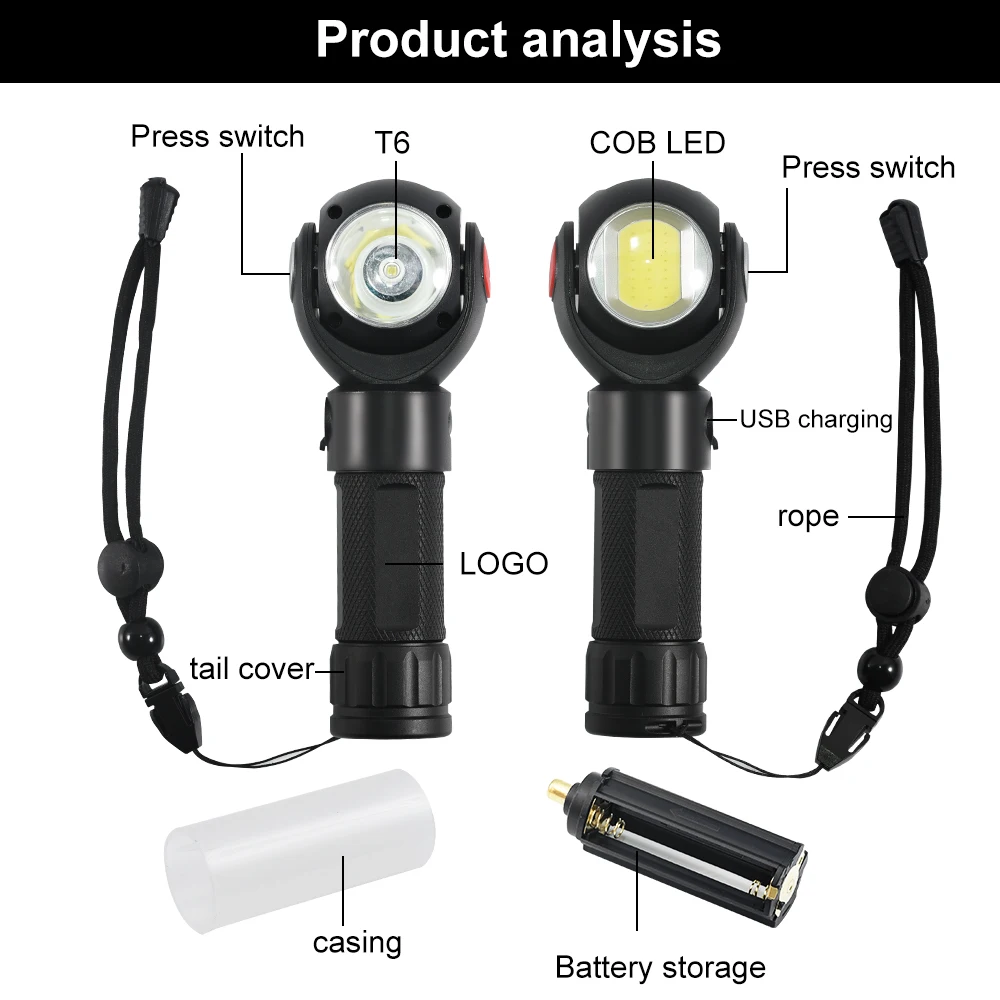 Anjoet фонарик 360 градусов T6+ COB водонепроницаемый магнит мини освещение светодиодный фонарик наружного использования 18650 или 26650 батарея+ USB кабель