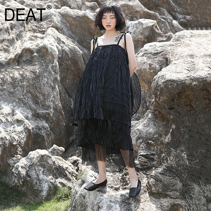 

[DEAT] 2019 New Spring Summer High Elastic Waist Black Fold Stitch Double Layers Temperament Half-body Skirt Women Fashion JT37