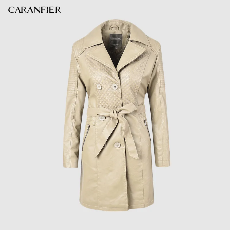 CARANFIER, Женское пальто из искусственной кожи, зимнее пальто с длинным рукавом, двубортное длинное пальто, женская толстая бархатная ветровка - Цвет: Бежевый