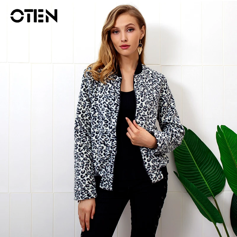OTEN модные уличные женские куртки и пальто Леопардовый принт спереди молния Повседневная Женская Сексуальная черная куртка верхняя одежда осень