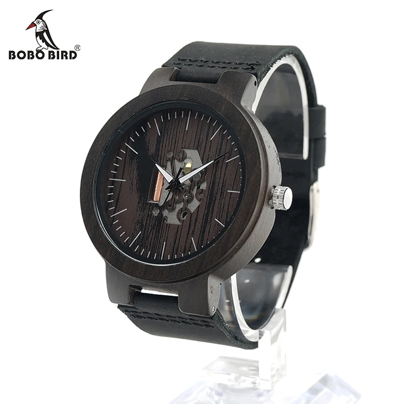 $17.99 Bobo Bird -H30 Mens Wooden Watch Doodle Paint Dial Exposed Movement Quartz Wristwatch With Leather